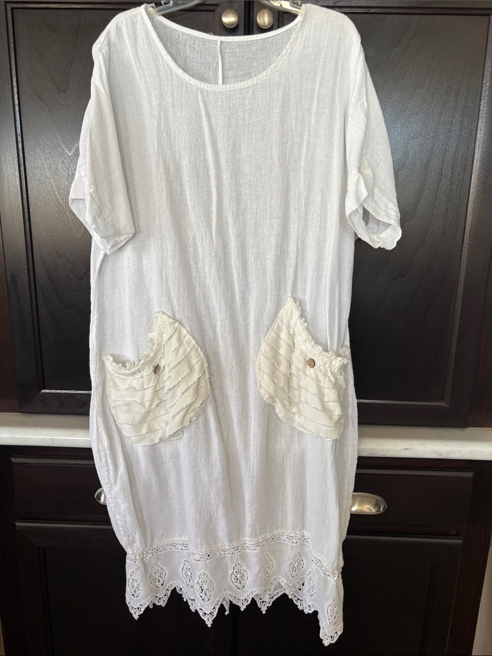 Women's White Boho Pocket Lace Hem Dress